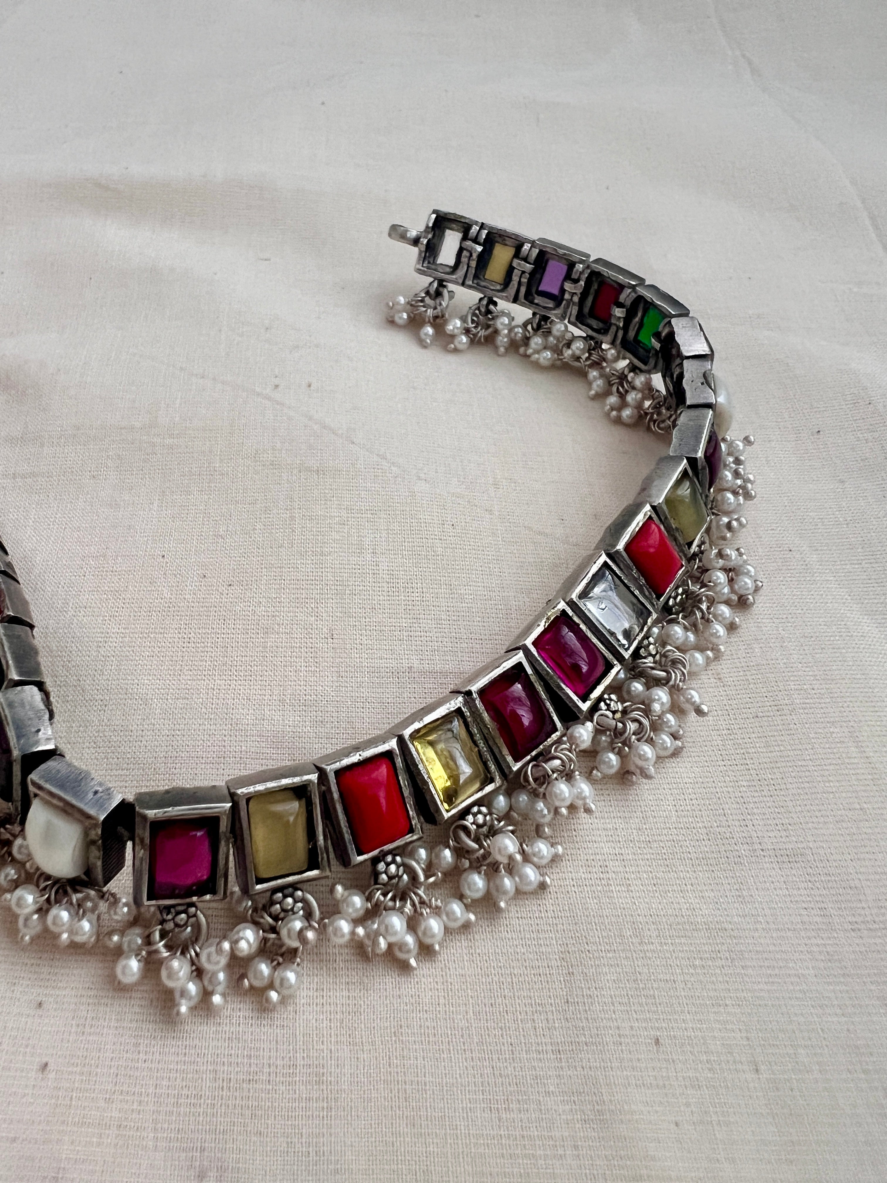 Navrathana stone necklace with pearls-Silver Neckpiece-CI-House of Taamara