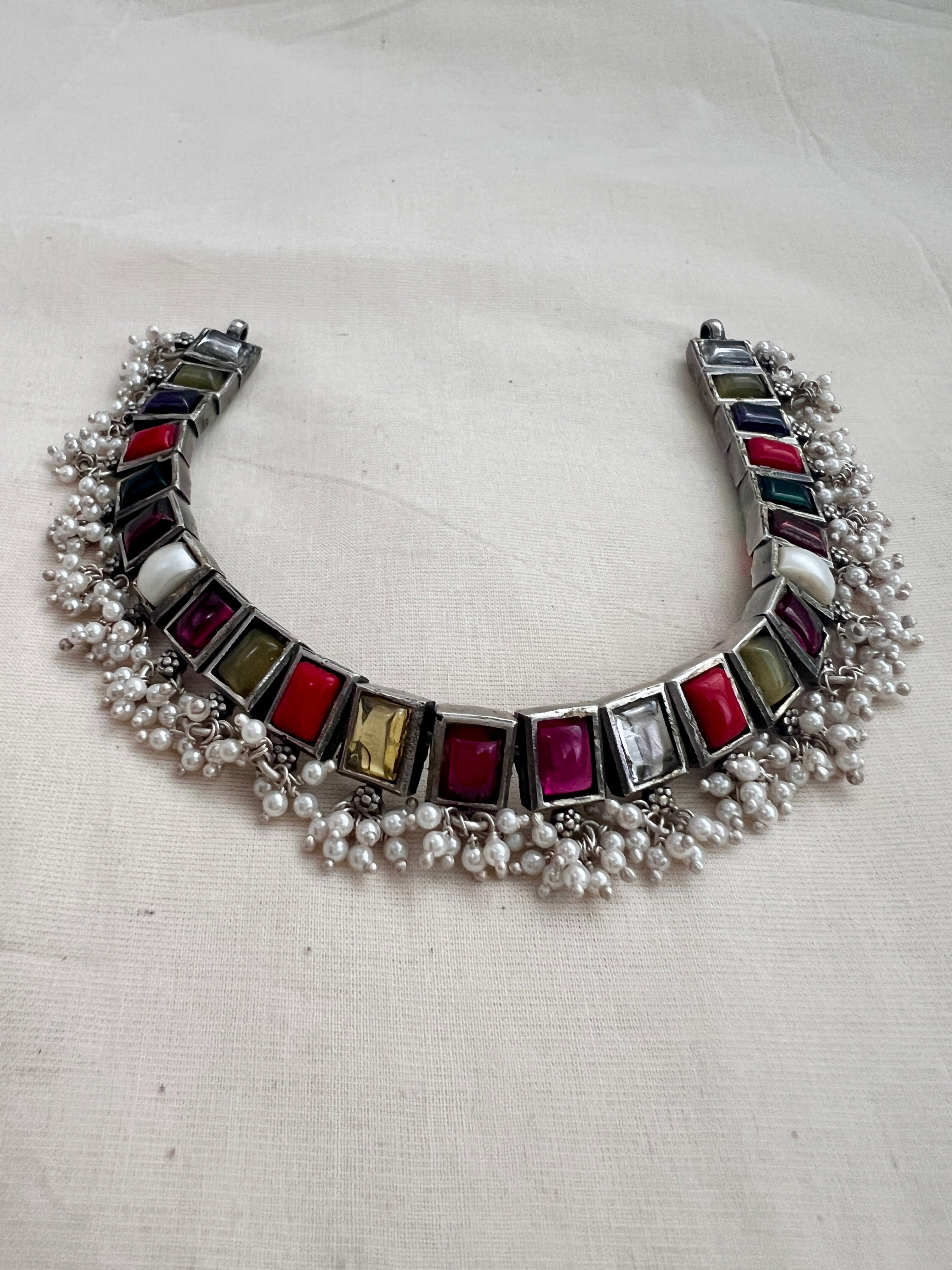 Navrathana stone necklace with pearls-Silver Neckpiece-CI-House of Taamara