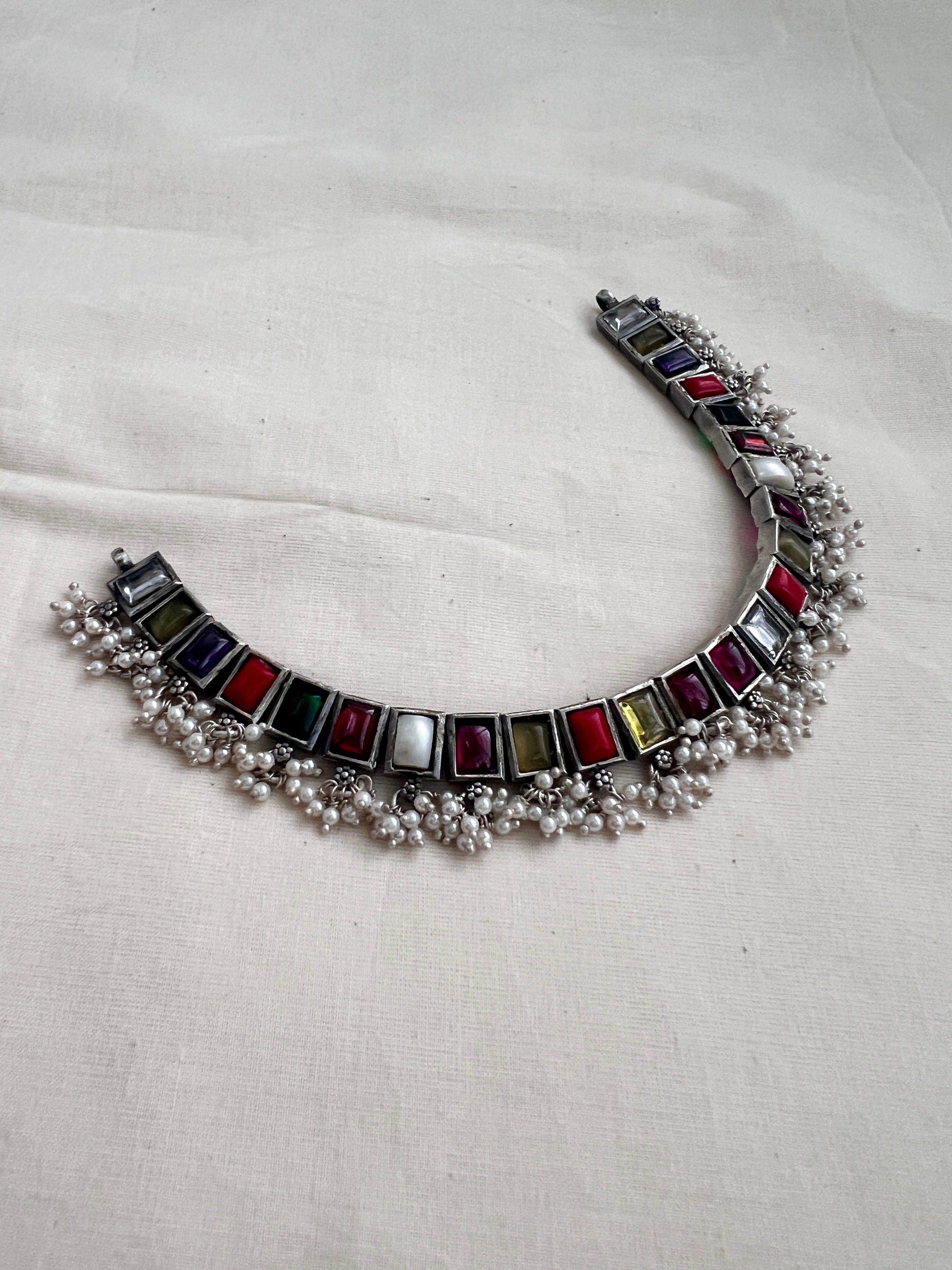 Navrathana stone necklace with pearls-Silver Neckpiece-CI-House of Taamara