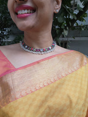 Navrathana stone necklace with pearls-Silver Neckpiece-CI-House of Taamara