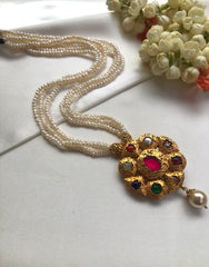 Navratna pendant with 4 line pearls necklace-Silver Neckpiece-PL-House of Taamara