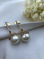 Off-white pearls with zircon leaf earrings-Earrings-PL-House of Taamara