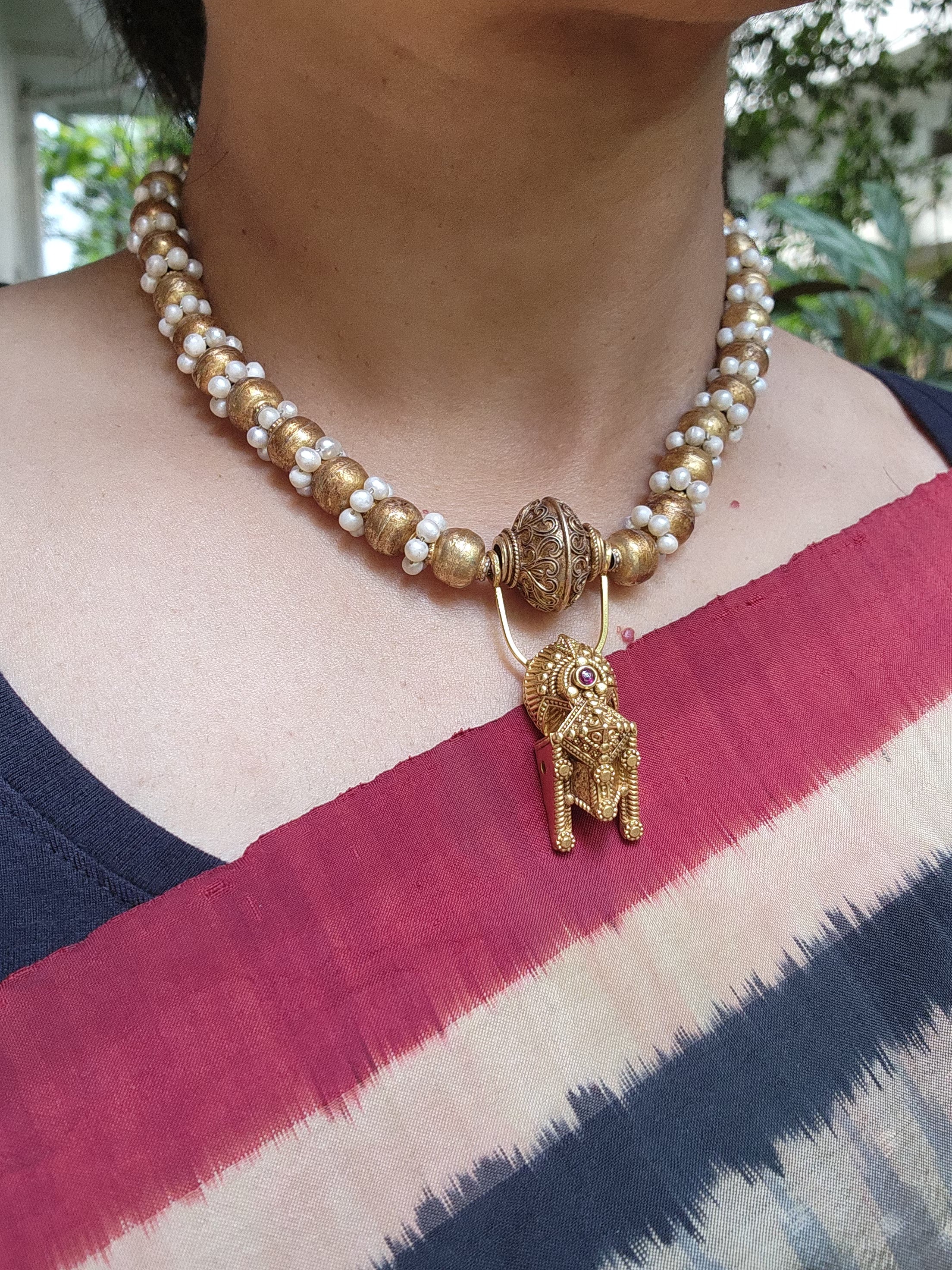 Old antique tali style pendant with pearls and gold beads chain-Silver Neckpiece-CI-House of Taamara