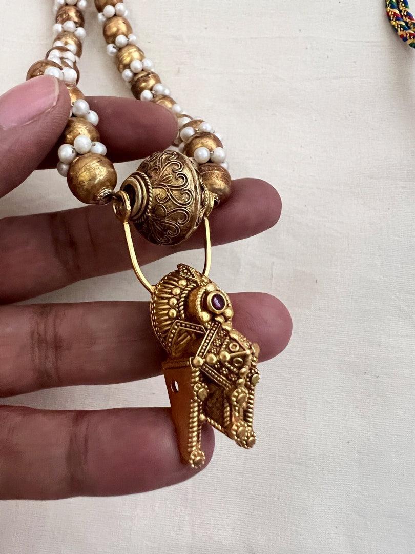 Old antique tali style pendant with pearls and gold beads chain-Silver Neckpiece-CI-House of Taamara