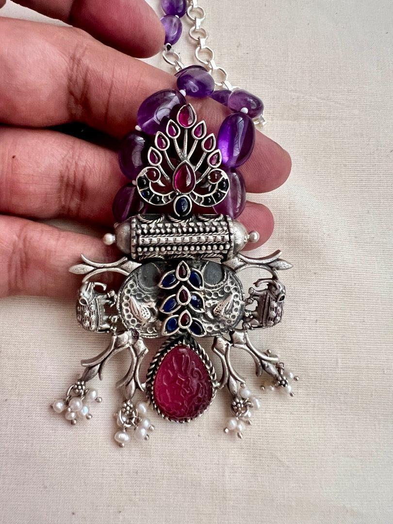 One of a kind kemp pendant with amethyst beads chain-Silver Neckpiece-CI-House of Taamara