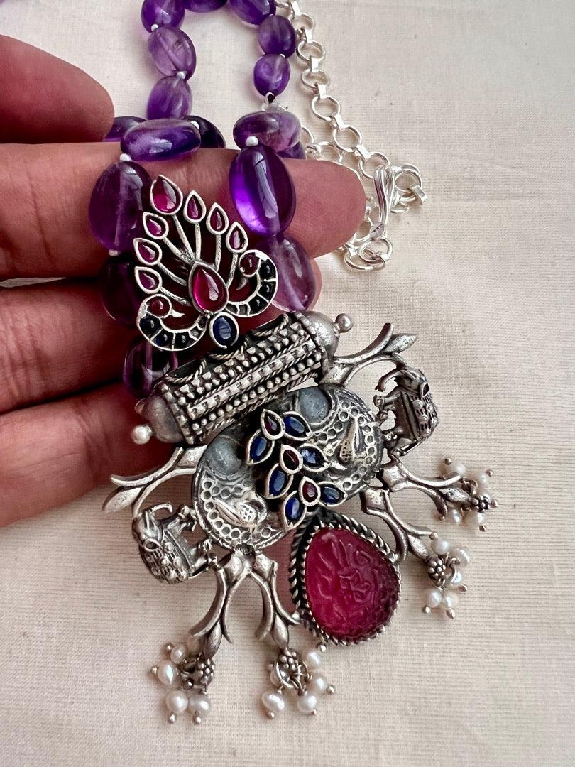 One of a kind kemp pendant with amethyst beads chain-Silver Neckpiece-CI-House of Taamara