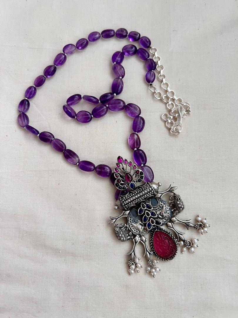 One of a kind kemp pendant with amethyst beads chain-Silver Neckpiece-CI-House of Taamara