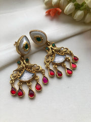 Opal earrings with kundan inlay work and ruby hangings-Earrings-PL-House of Taamara