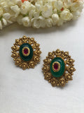 Oval green onyx with kundan style inlay work & antique polish-Earrings-PL-House of Taamara