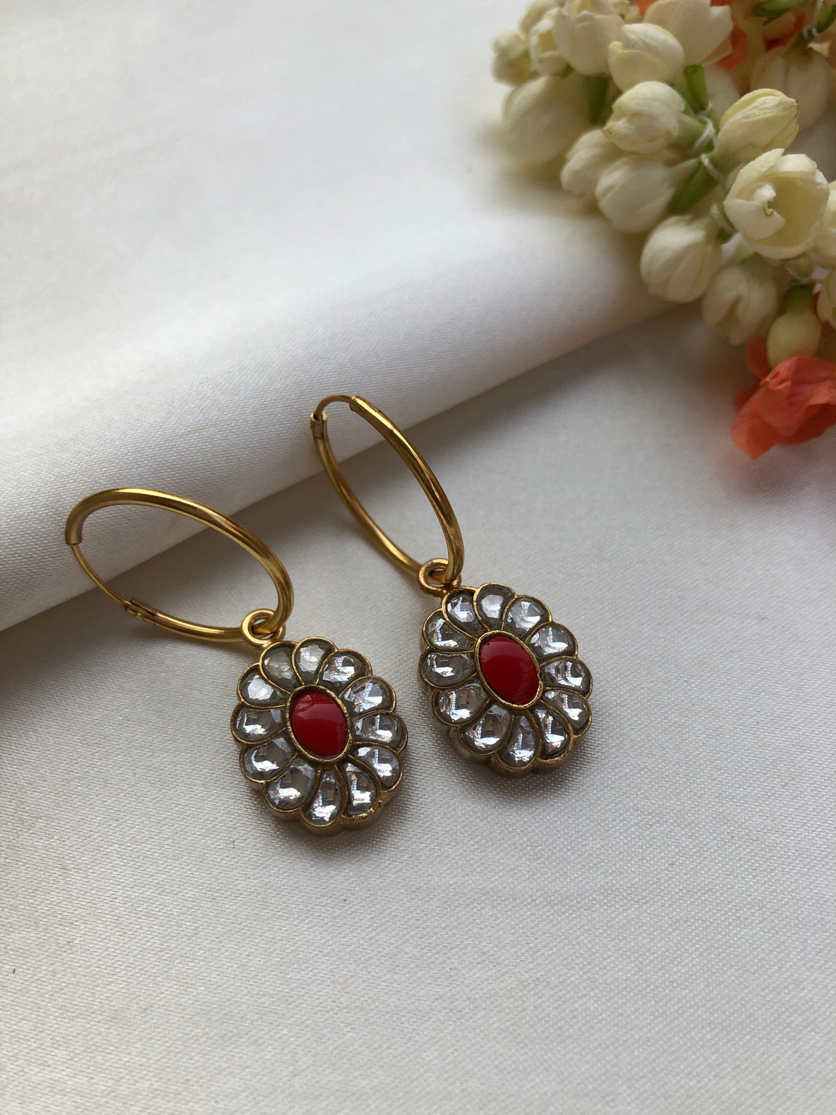 Oval kundan and coral hoop earrings-Earrings-PL-House of Taamara