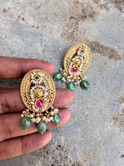 Oval kundan earrings with green beads hangings-Earrings-PL-House of Taamara