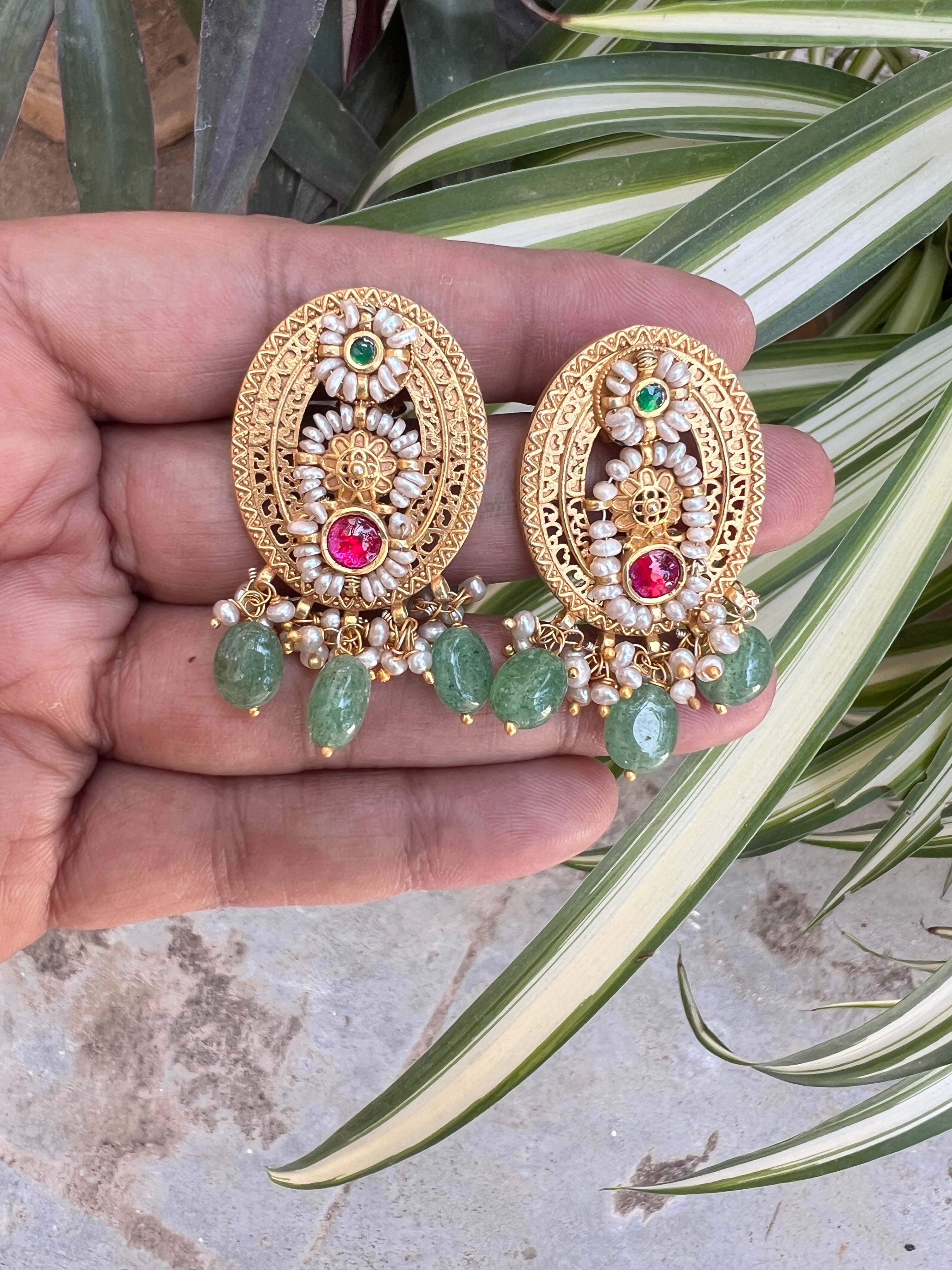 Oval kundan earrings with green beads hangings-Earrings-PL-House of Taamara