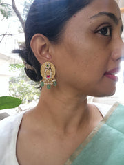 Oval kundan earrings with green beads hangings-Earrings-PL-House of Taamara
