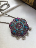 Oxidised kemp & turquoise round pendant with bali beads long chain-Silver Neckpiece-PL-House of Taamara