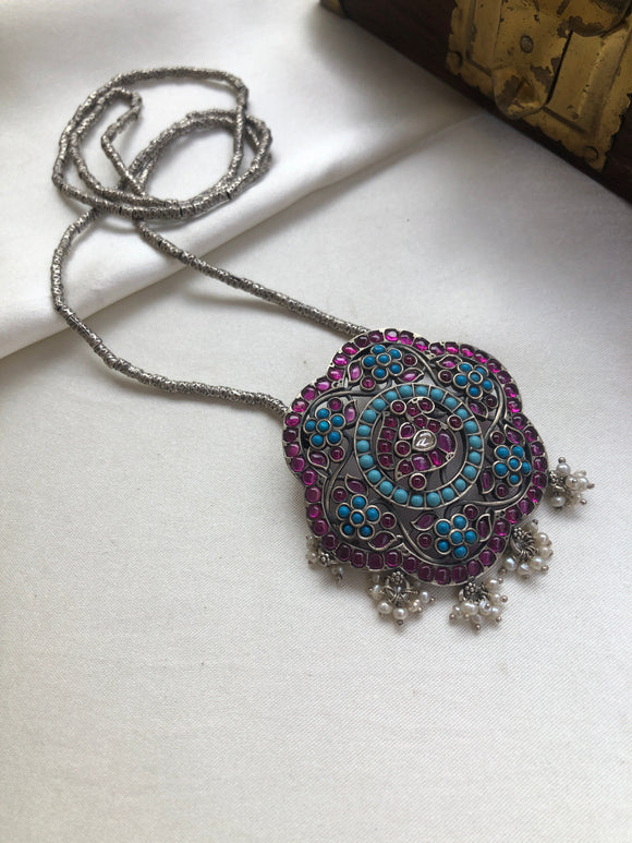 Oxidised kemp & turquoise round pendant with bali beads long chain-Silver Neckpiece-PL-House of Taamara