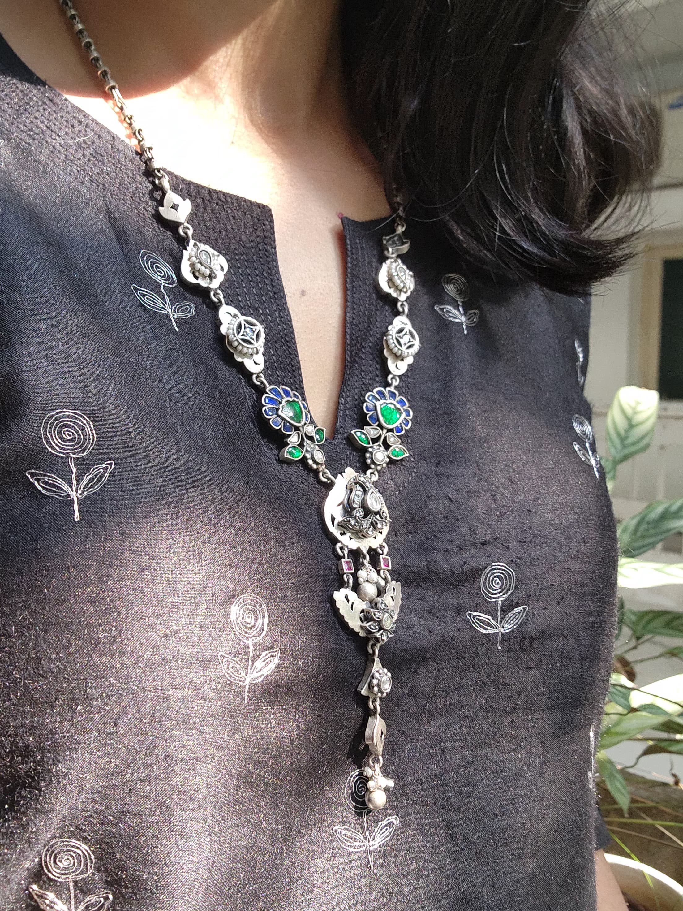 Oxidised kundan green and blue pendant with silver chain-Silver Neckpiece-PL-House of Taamara