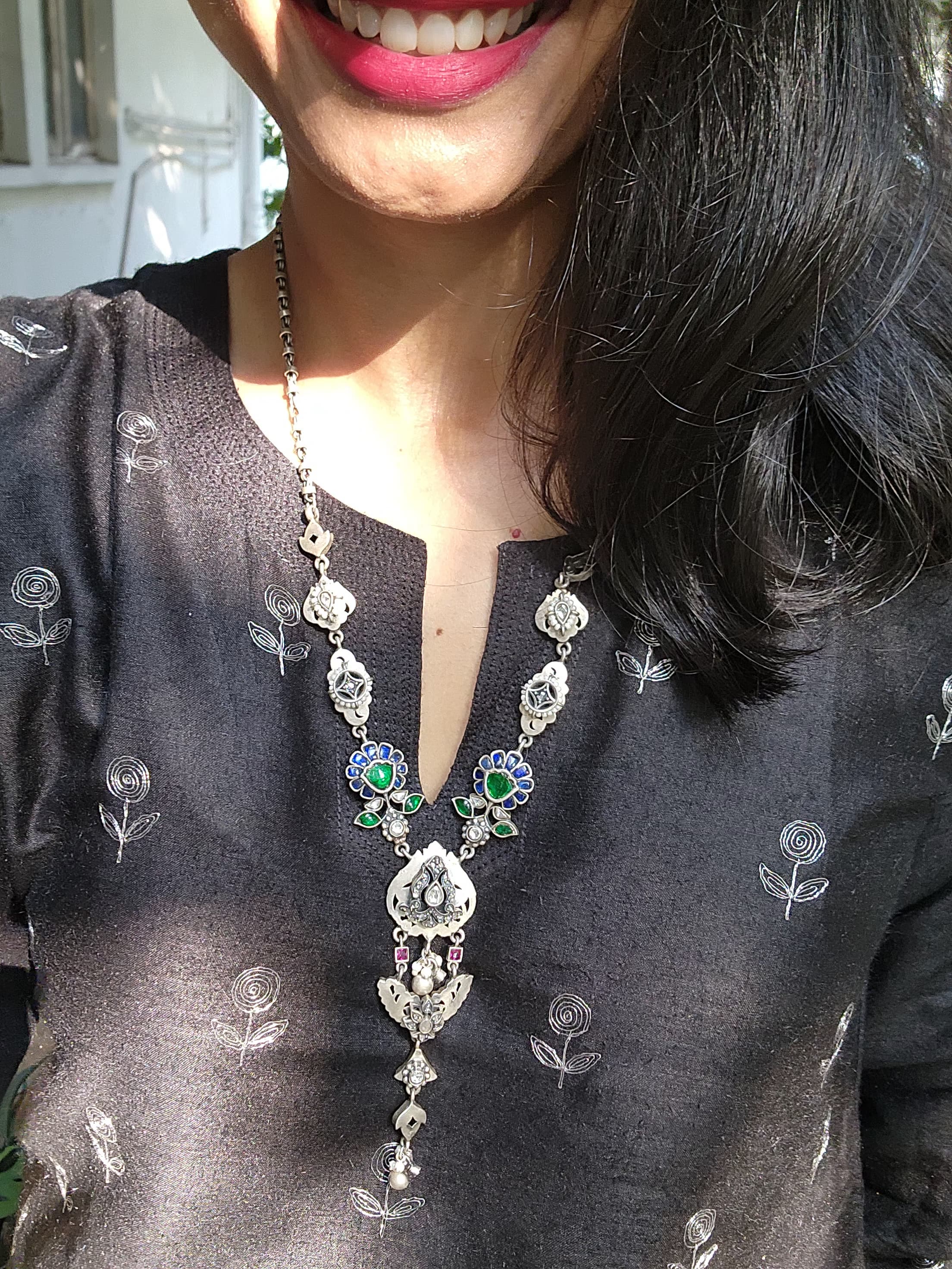 Oxidised kundan green and blue pendant with silver chain-Silver Neckpiece-PL-House of Taamara