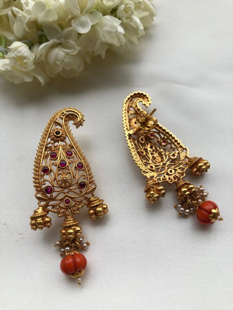 Paisley style statement earrings with coral drops-Earrings-PL-House of Taamara