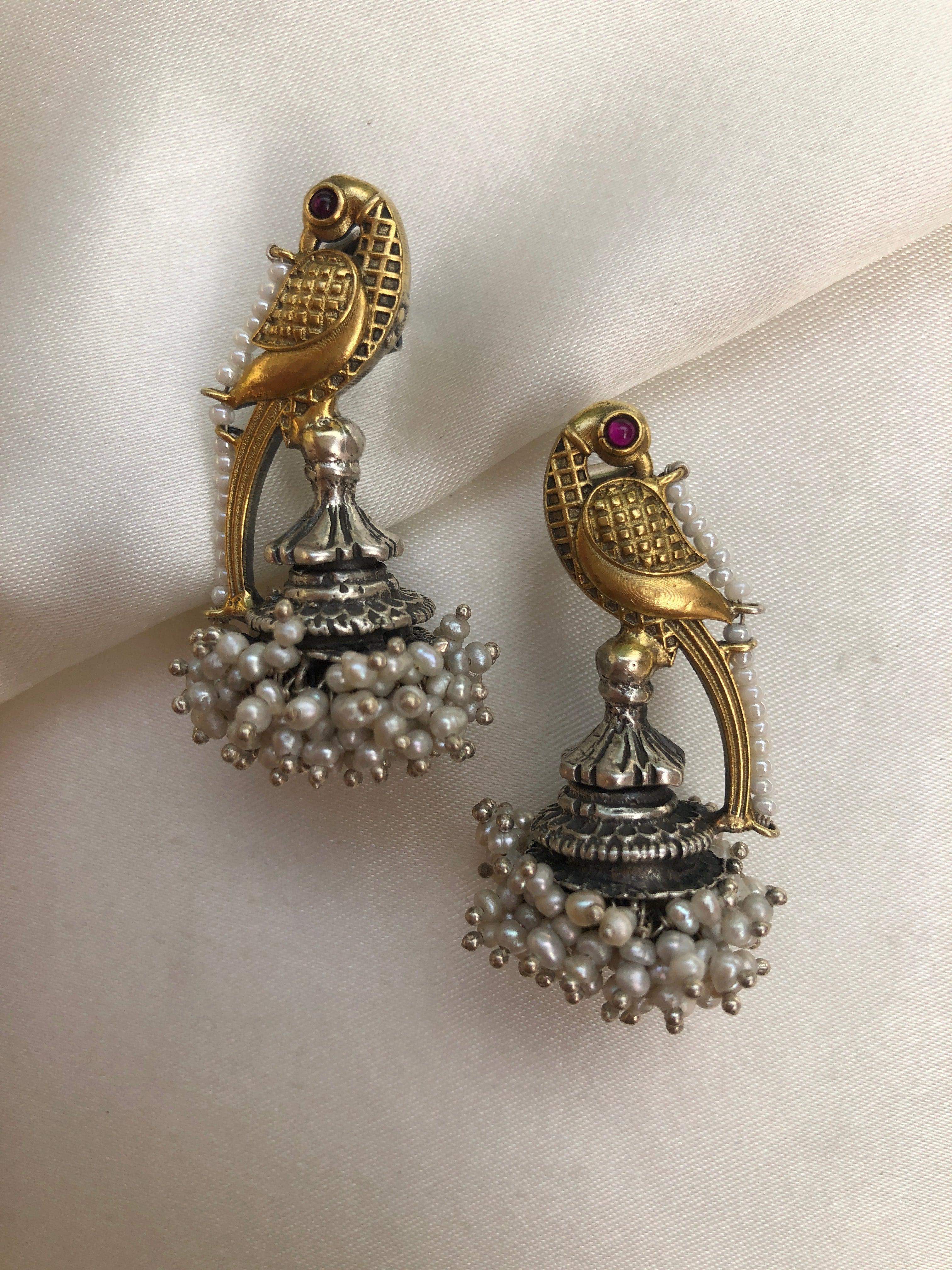 Peacock Dual Tone Earrings With Pearls Bunch-Earrings-PL-House of Taamara