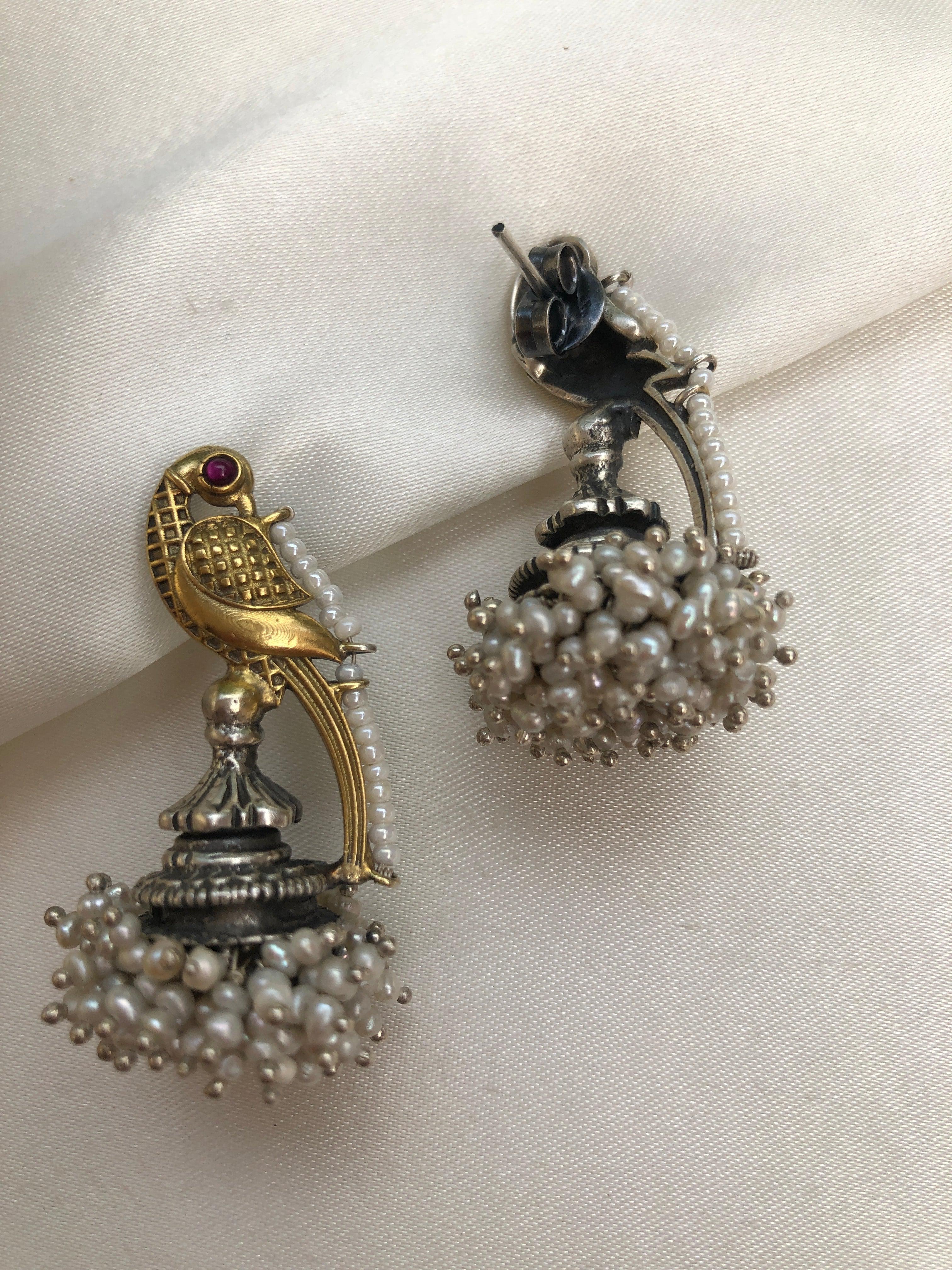 Peacock Dual Tone Earrings With Pearls Bunch-Earrings-PL-House of Taamara