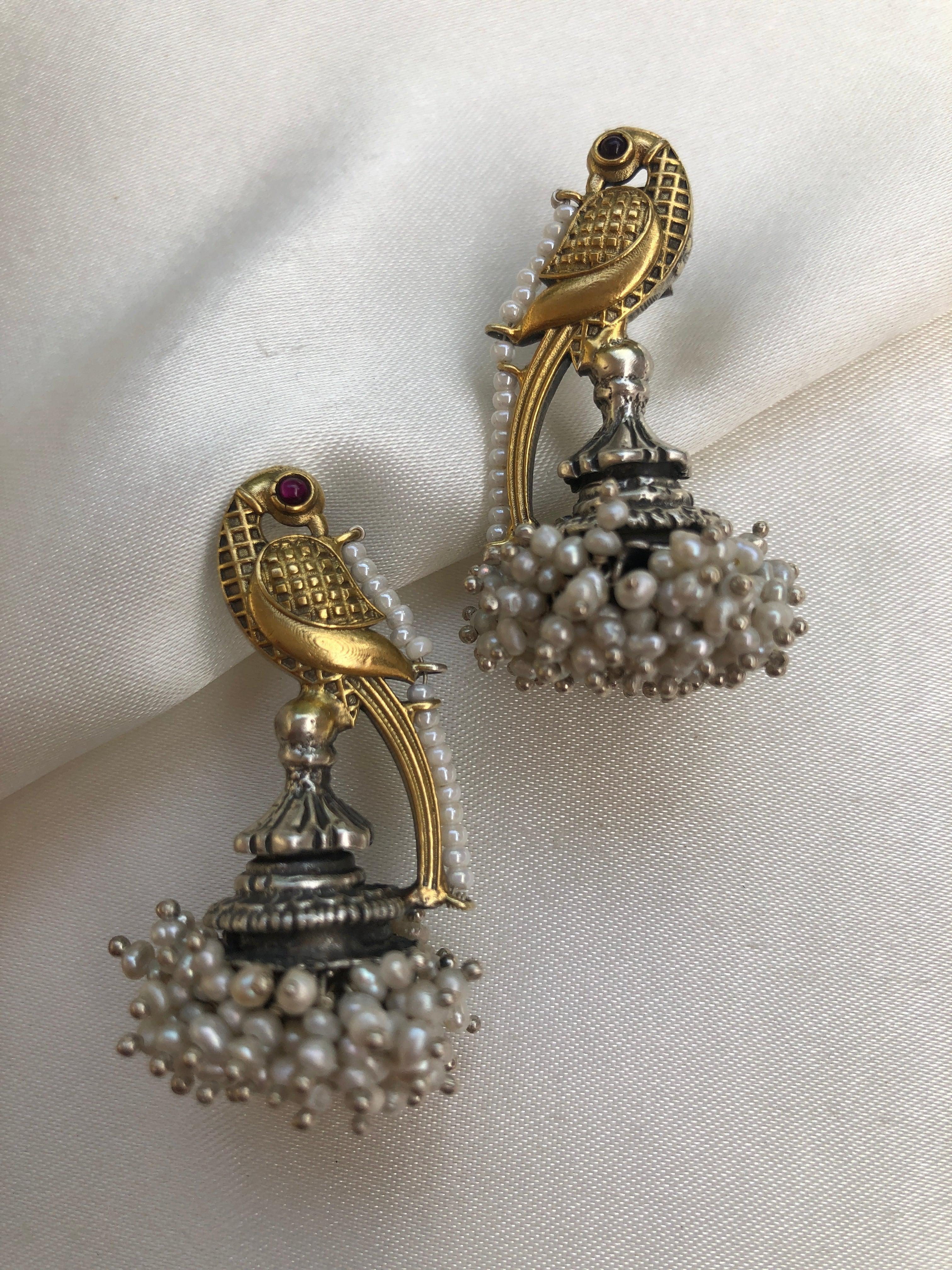 Peacock Dual Tone Earrings With Pearls Bunch-Earrings-PL-House of Taamara