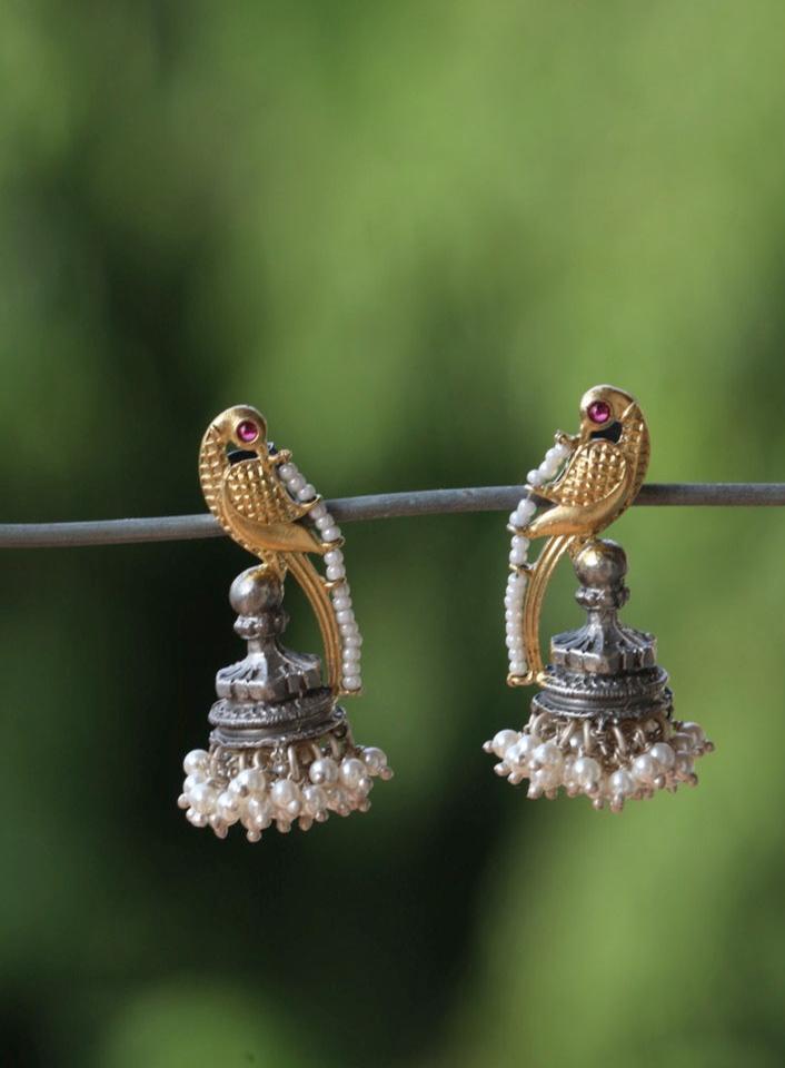 Peacock Dual Tone Earrings With Pearls Bunch (Made to Order)-Earrings-PL-House of Taamara