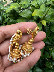 Peacock Gold Polish Earrings With Pearls Bunch (Made to Order)-Earrings-PL-House of Taamara