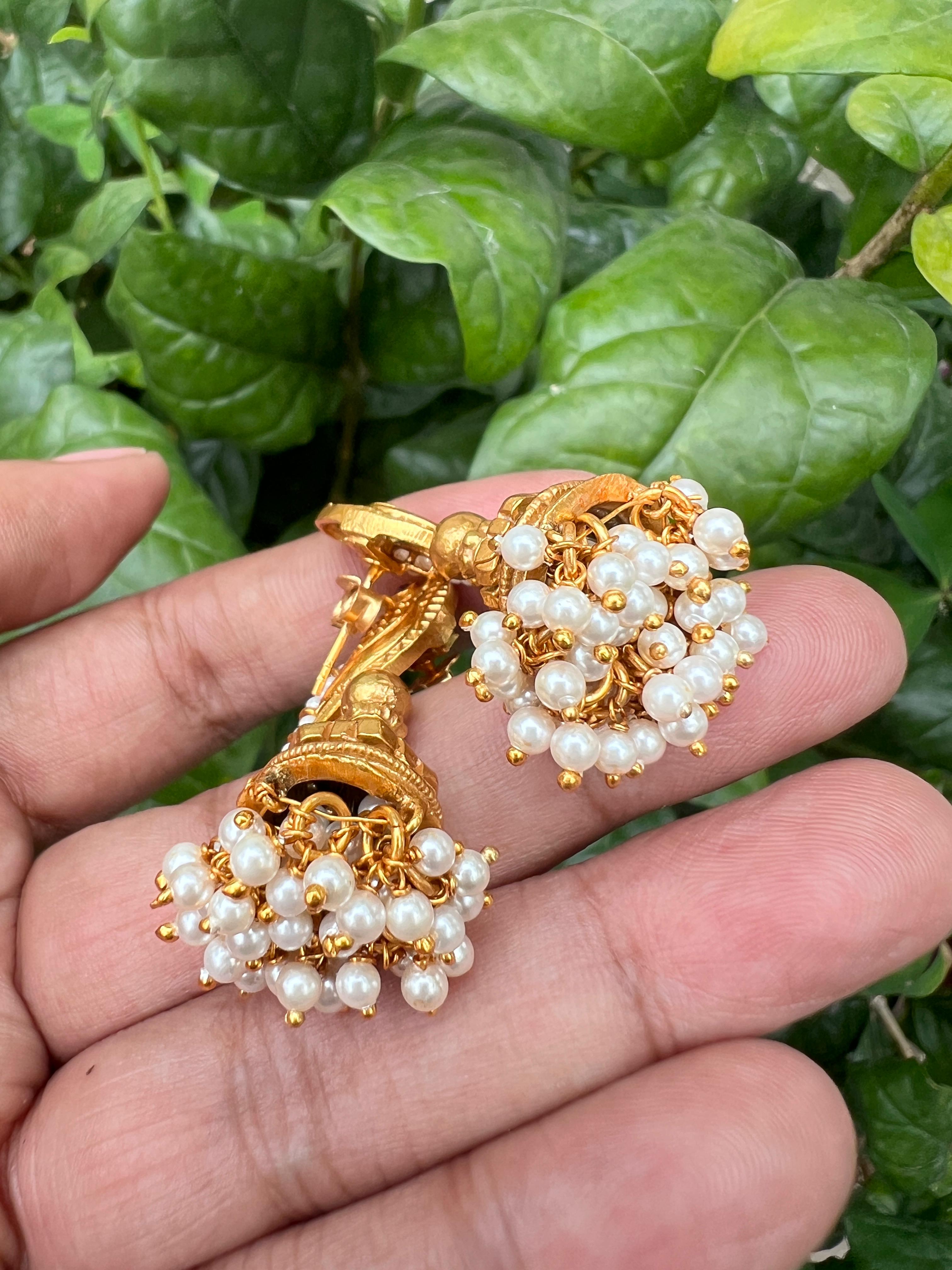 Peacock Gold Polish Earrings With Pearls Bunch (Made to Order)-Earrings-PL-House of Taamara