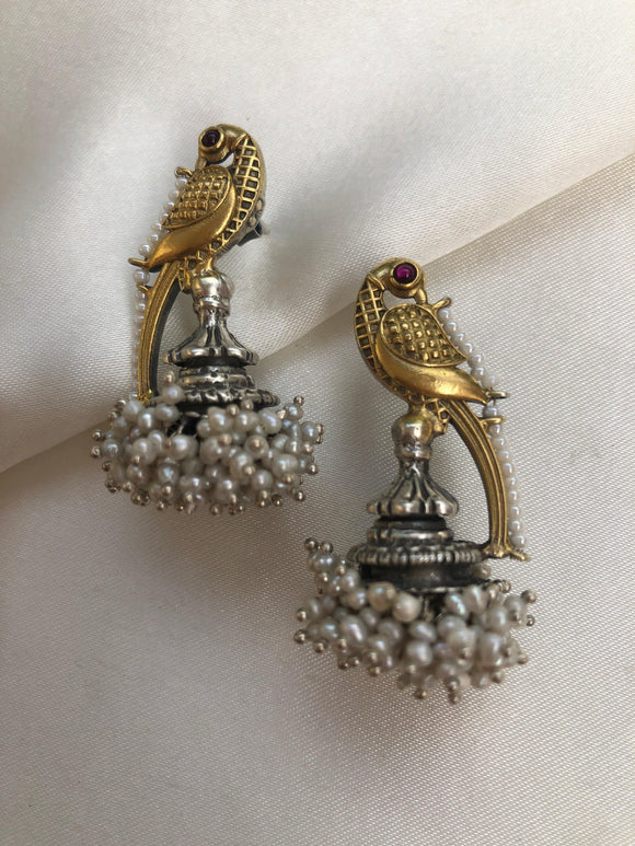 Peacock dual tone earrings with pearls bunch-Earrings-PL-House of Taamara