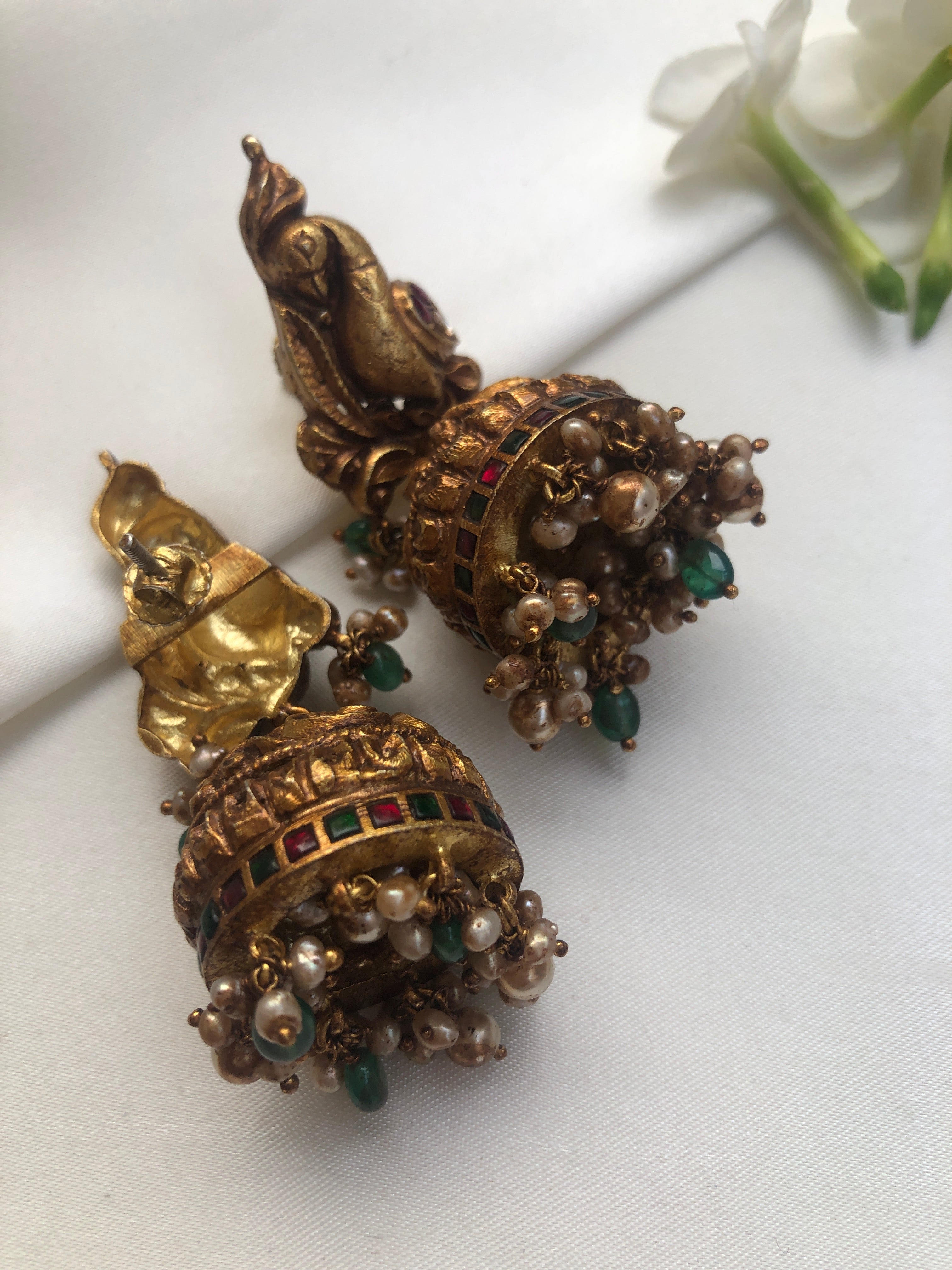 Peacock jhumkas with nakshi carving & kundans-Earrings-PL-House of Taamara