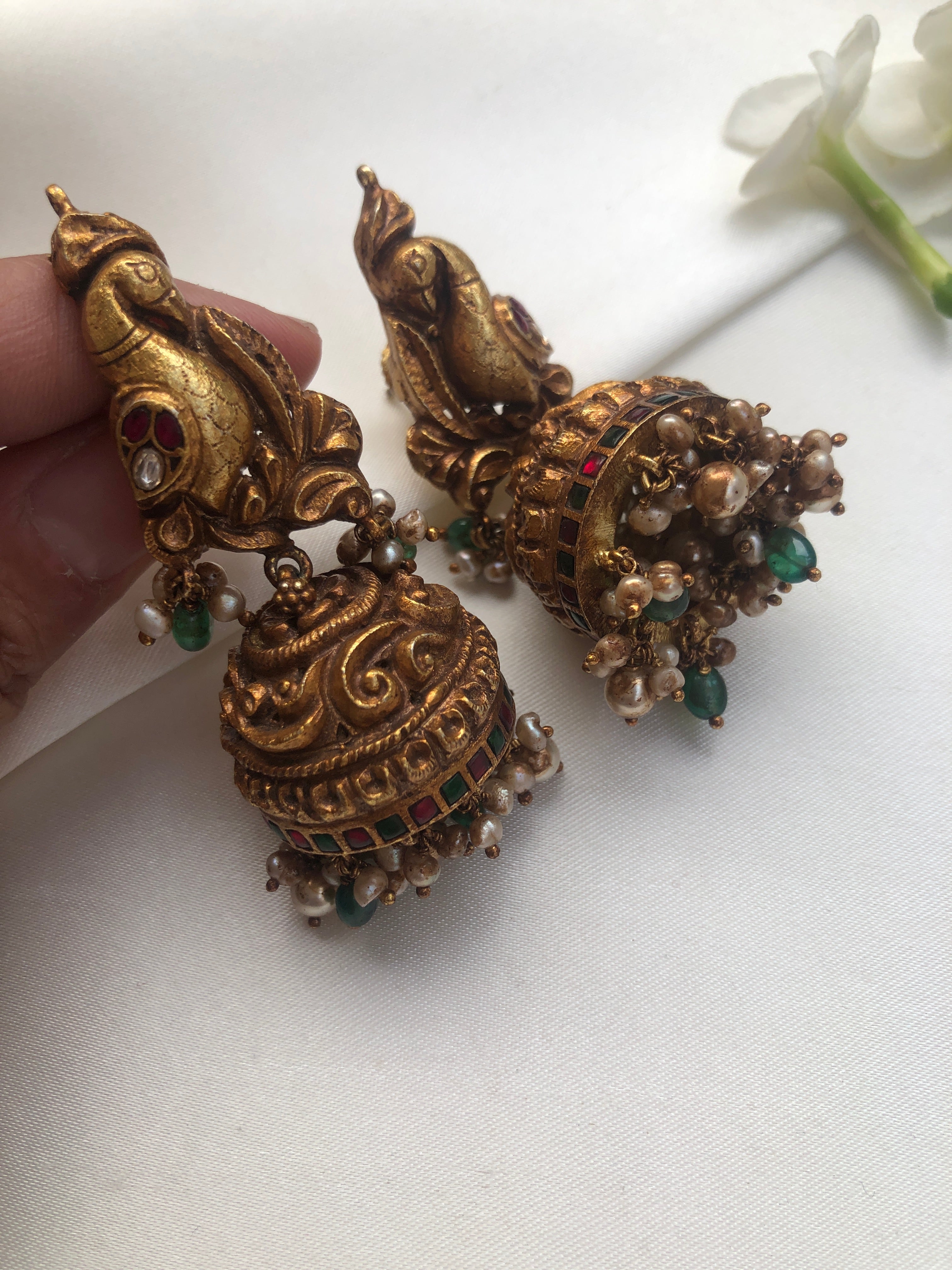 Peacock jhumkas with nakshi carving & kundans-Earrings-PL-House of Taamara