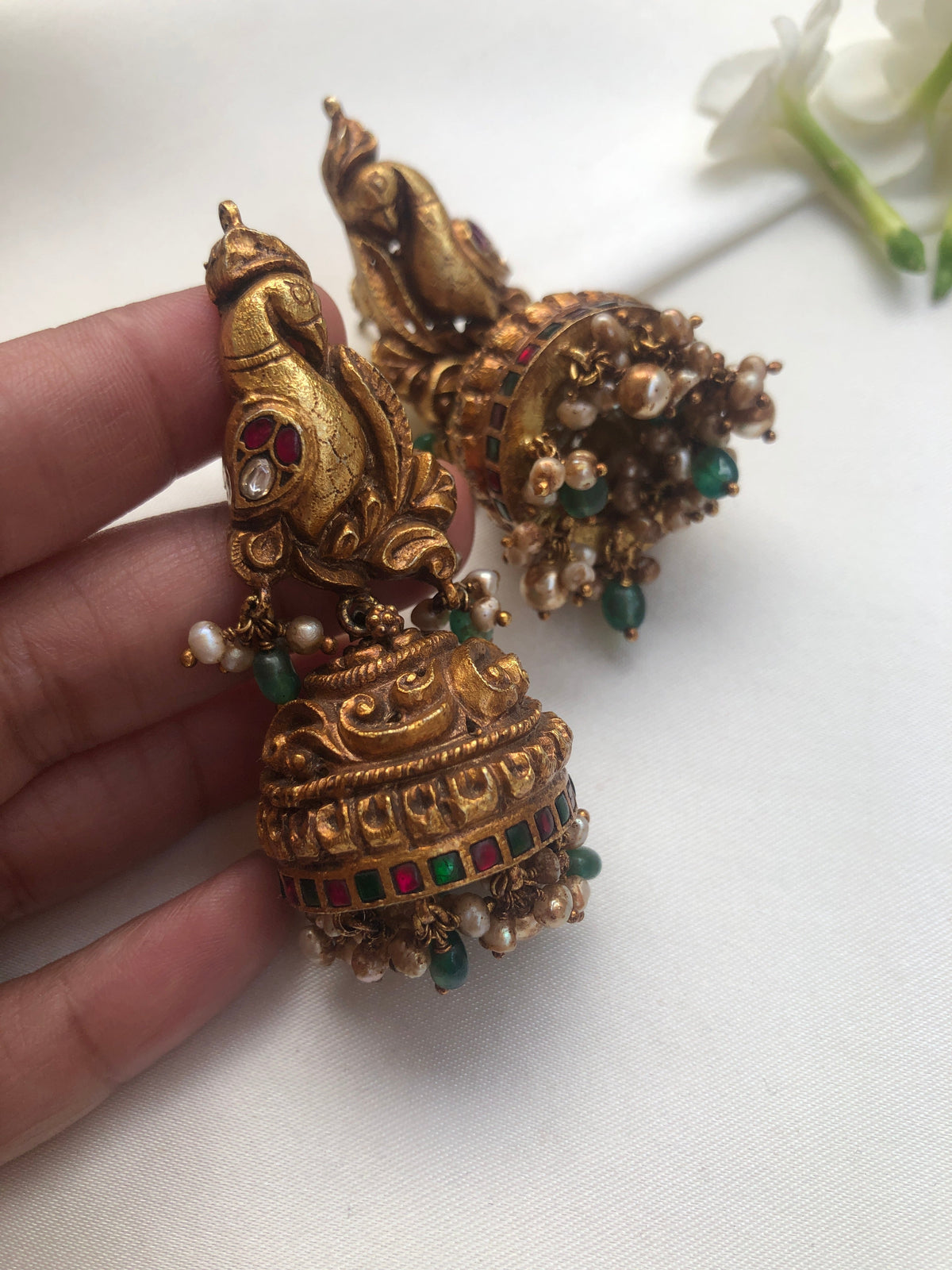 Peacock jhumkas with nakshi carving & kundans-Earrings-PL-House of Taamara