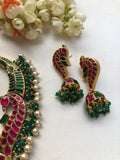 Peacock kundan necklace with pearl chain & jhumkas, set-Silver Neckpiece-PL-House of Taamara