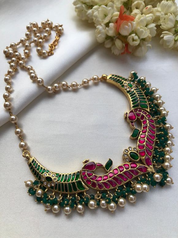 Peacock kundan necklace with pearl chain & jhumkas, set-Silver Neckpiece-PL-House of Taamara