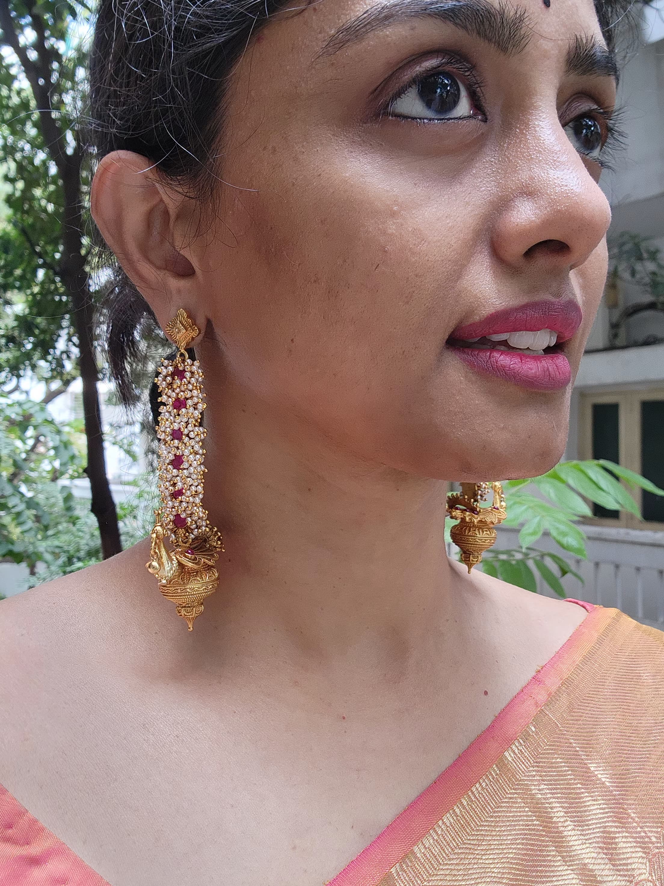 Peacock long pearls bunch statement earrings (Made To Order)-Earrings-PL-House of Taamara