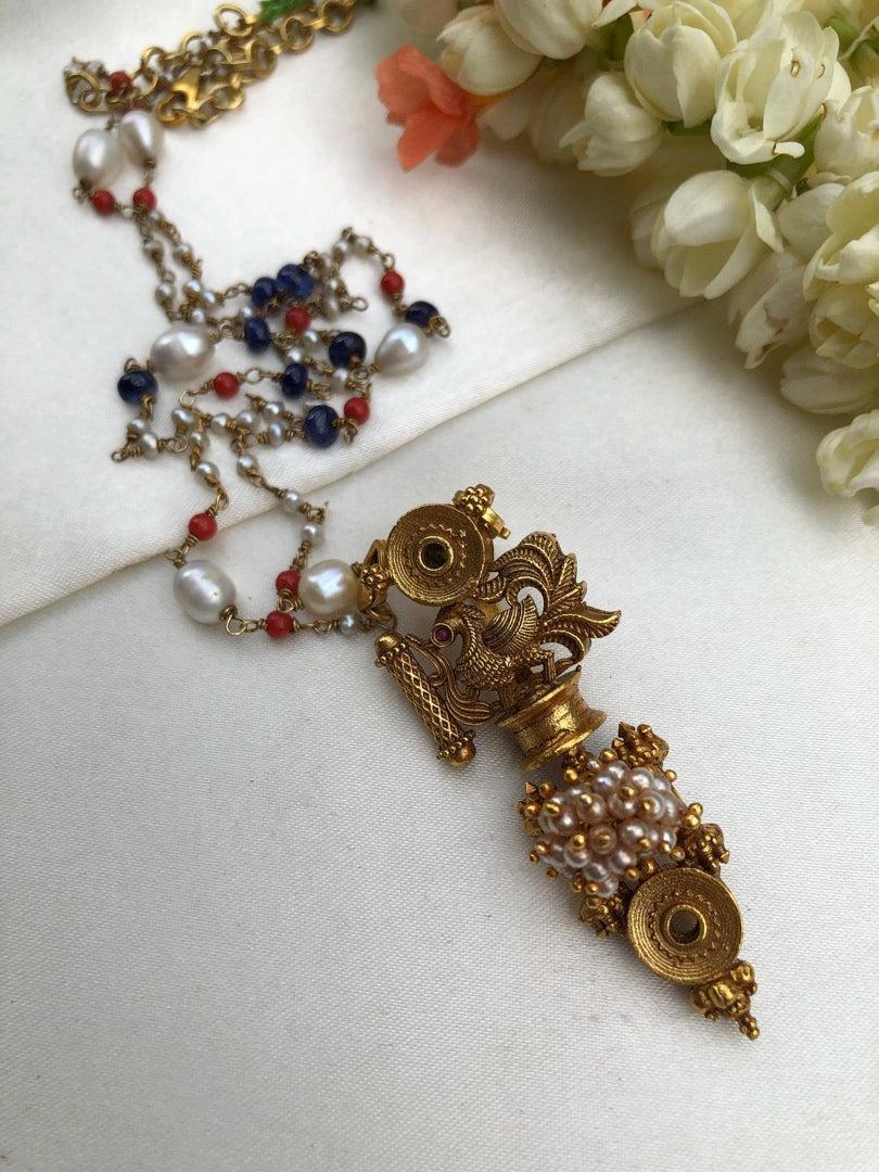 Peacock pendant with coral blue and pearl mala-Silver Neckpiece-pl-House of Taamara