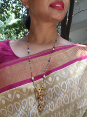Peacock pendant with coral blue and pearl mala-Silver Neckpiece-pl-House of Taamara