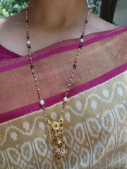Peacock pendant with coral blue and pearl mala-Silver Neckpiece-pl-House of Taamara