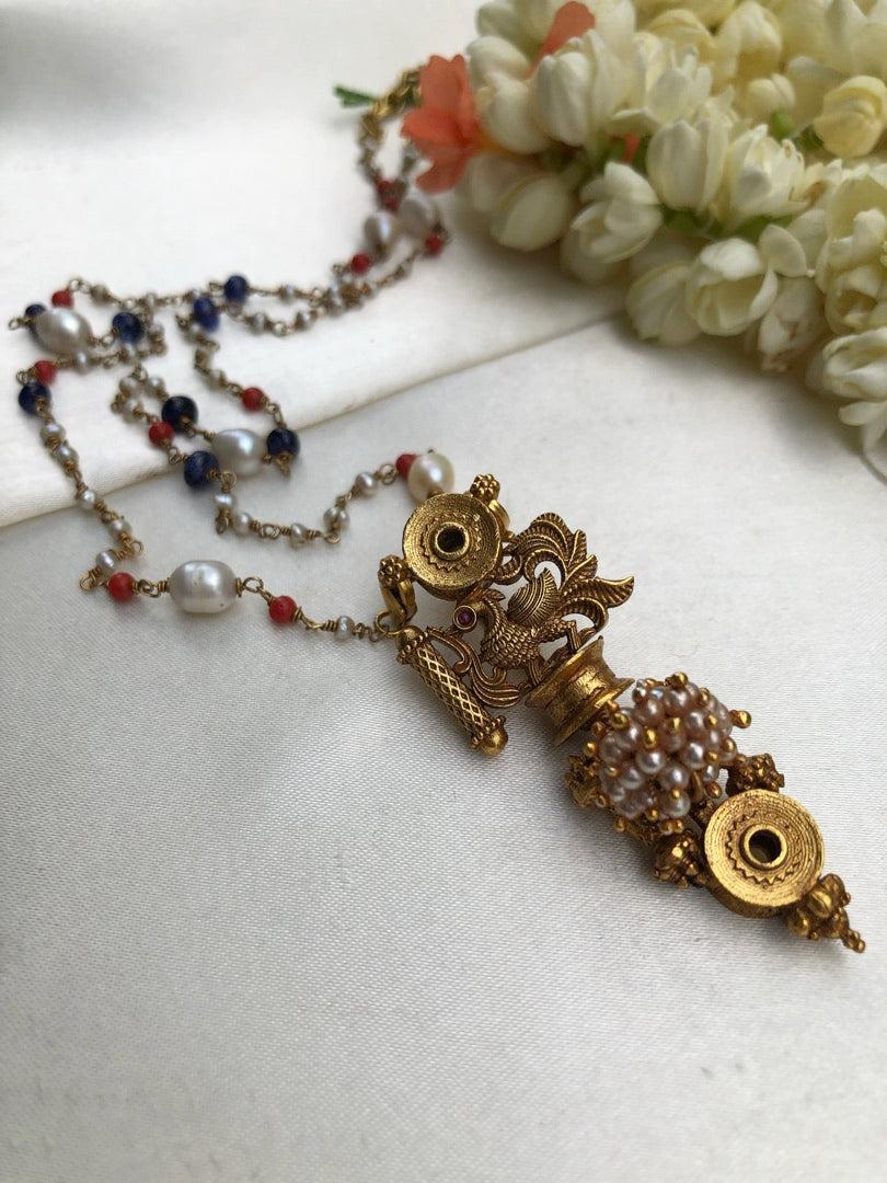 Peacock pendant with coral blue and pearl mala-Silver Neckpiece-pl-House of Taamara