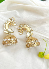 Peacock stud with small jhumki at bottom-Silver earrings-EZ-House of Taamara