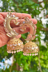 Peacock stud with small jhumki at bottom-Silver earrings-EZ-House of Taamara