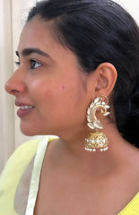 Peacock stud with small jhumki at bottom-Silver earrings-EZ-House of Taamara