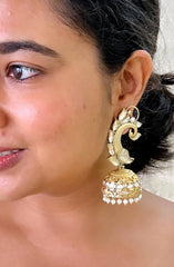 Peacock stud with small jhumki at bottom-Silver earrings-EZ-House of Taamara