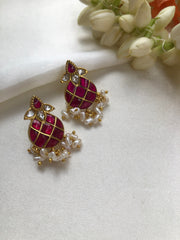 Pear kundan earrings with pearls-Earrings-PL-House of Taamara