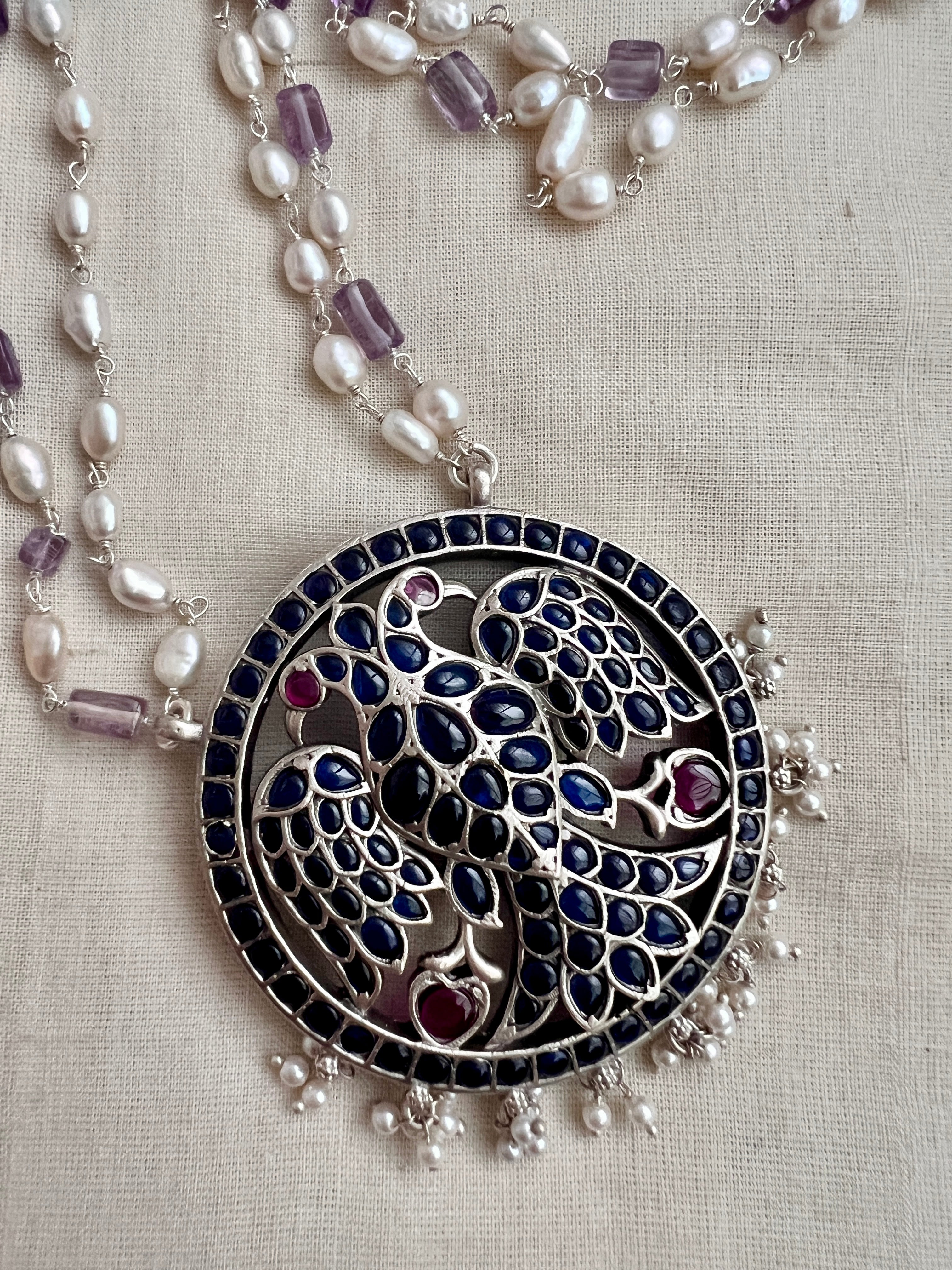 Pearl & amethyst chain with pink and blue kemp Gandaberunda pendant-Silver Neckpiece-CI-House of Taamara