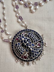 Pearl & amethyst chain with pink and blue kemp Gandaberunda pendant-Silver Neckpiece-CI-House of Taamara