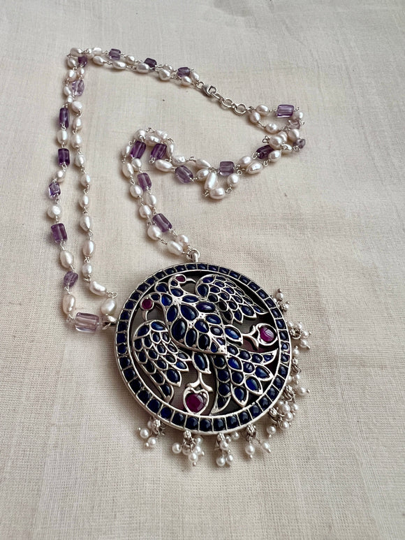 Pearl & amethyst chain with pink and blue kemp Gandaberunda pendant-Silver Neckpiece-CI-House of Taamara