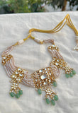 Pearl and polki choker with green beads-Silver earrings-EZ-House of Taamara