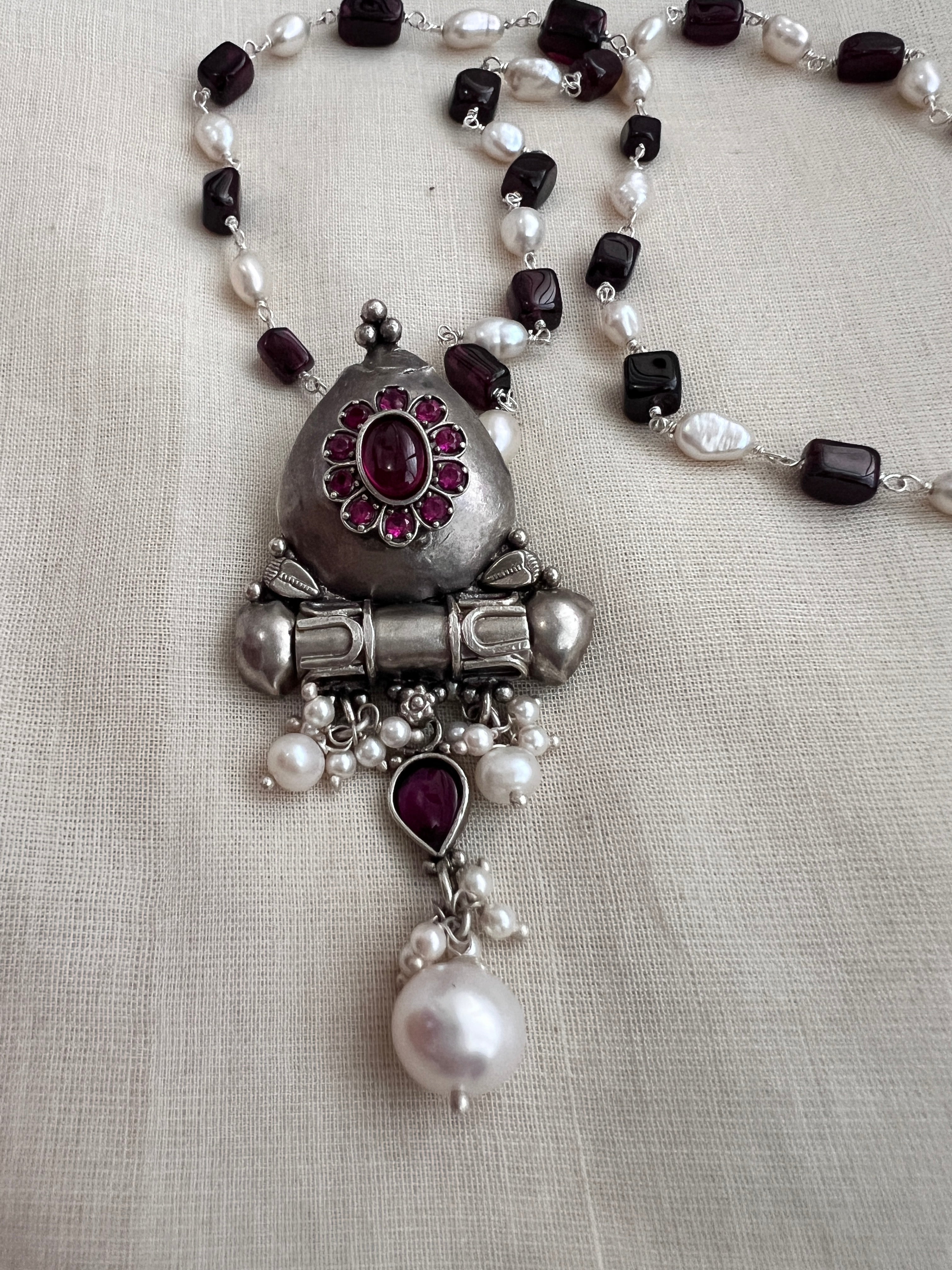 Pearl & beads chain with silver kemp pendant-Silver Neckpiece-CI-House of Taamara