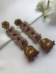 Pearl bunch long earrings with pink bead jhumkas-Earrings-PL-House of Taamara